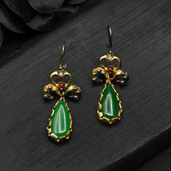 Gold Plated Earrings, Ottoman Earrings, Green Jadeite Stone Drop Earrings, Handmade Earrings,  Emerald Gemstone Earrigns, Turkish Earrigs