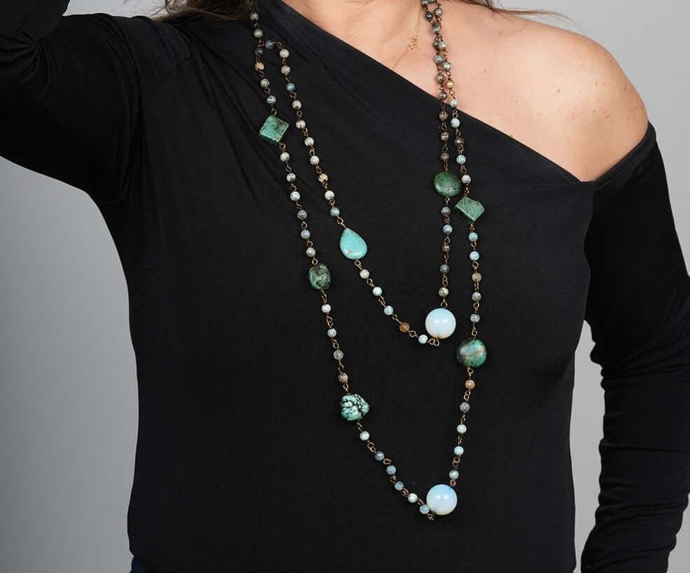 Handmade Necklace, Moonstone Necklace, Two Strand Ethnic Station Gold Chain Necklace, Long Pendant Necklace, Turkish Jewelry