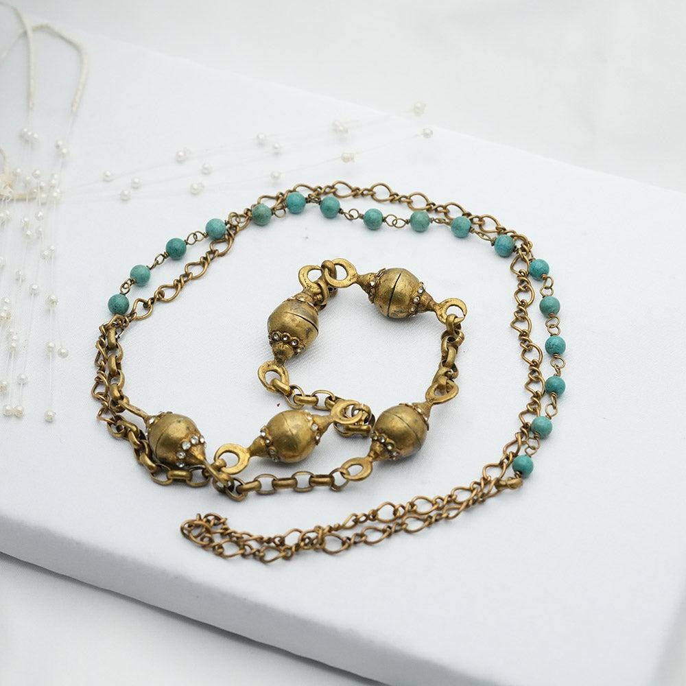 Turquoise Necklace, Turquoise Choker, Long Chain Necklace, Gold Plated Brass Necklace, Handmade Necklace, Gift Mom Birthday, Gift Girlfriend