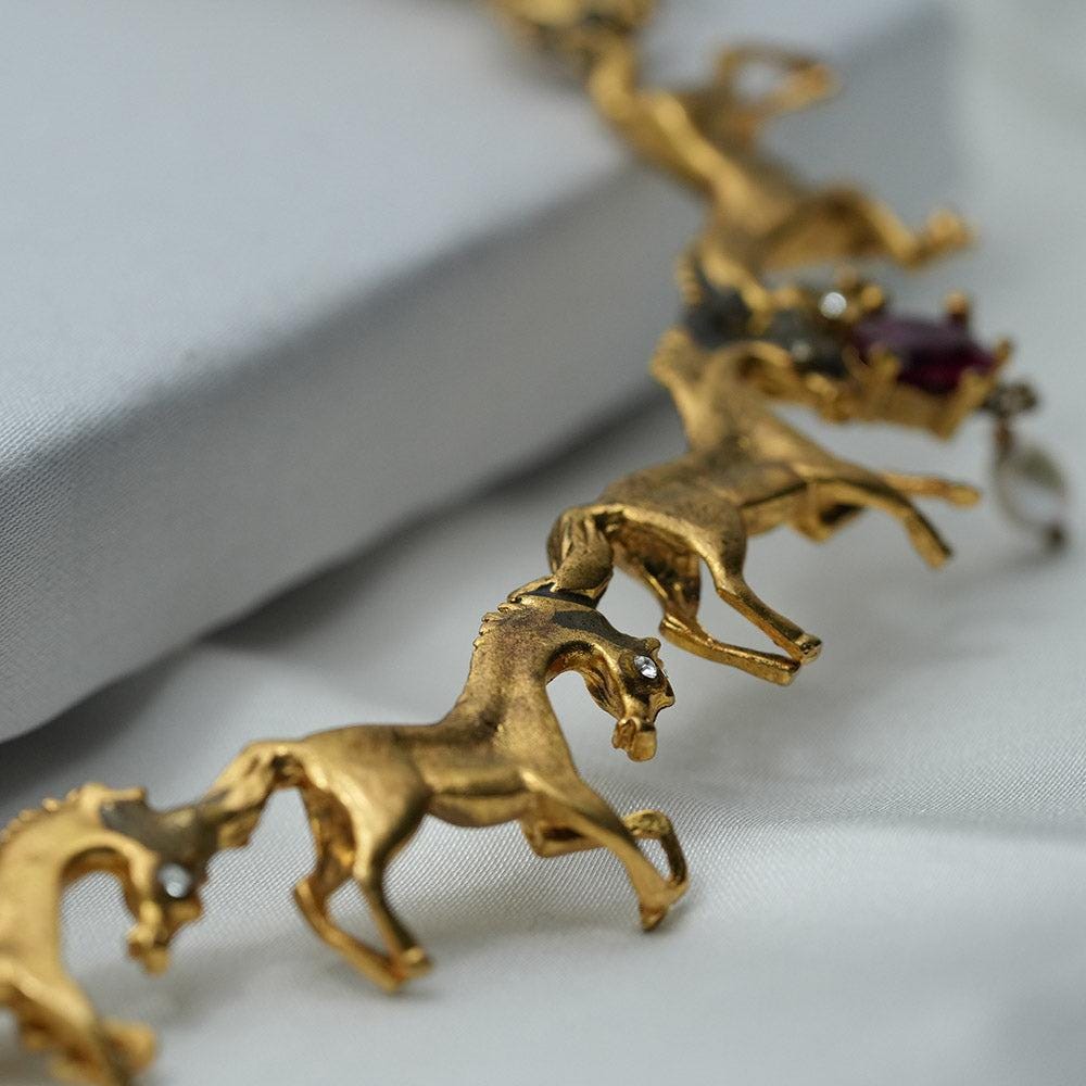 Horse Necklace, Horse Choker Necklace, Yellow Gold Handcrafted Ruby And Pearl  Dramatic Collar Necklace,choker, Gift Horse Lovers