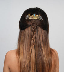 Gold Plated Hair Comb, Hand Carved Whimsical Blue Ageta Hair Comb, Handmade hair Clip For Women, Vintage style Hair Jewelry