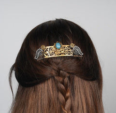 Gold Plated Hair Comb, Hand Carved Whimsical Blue Ageta Hair Comb, Handmade hair Clip For Women, Vintage style Hair Jewelry