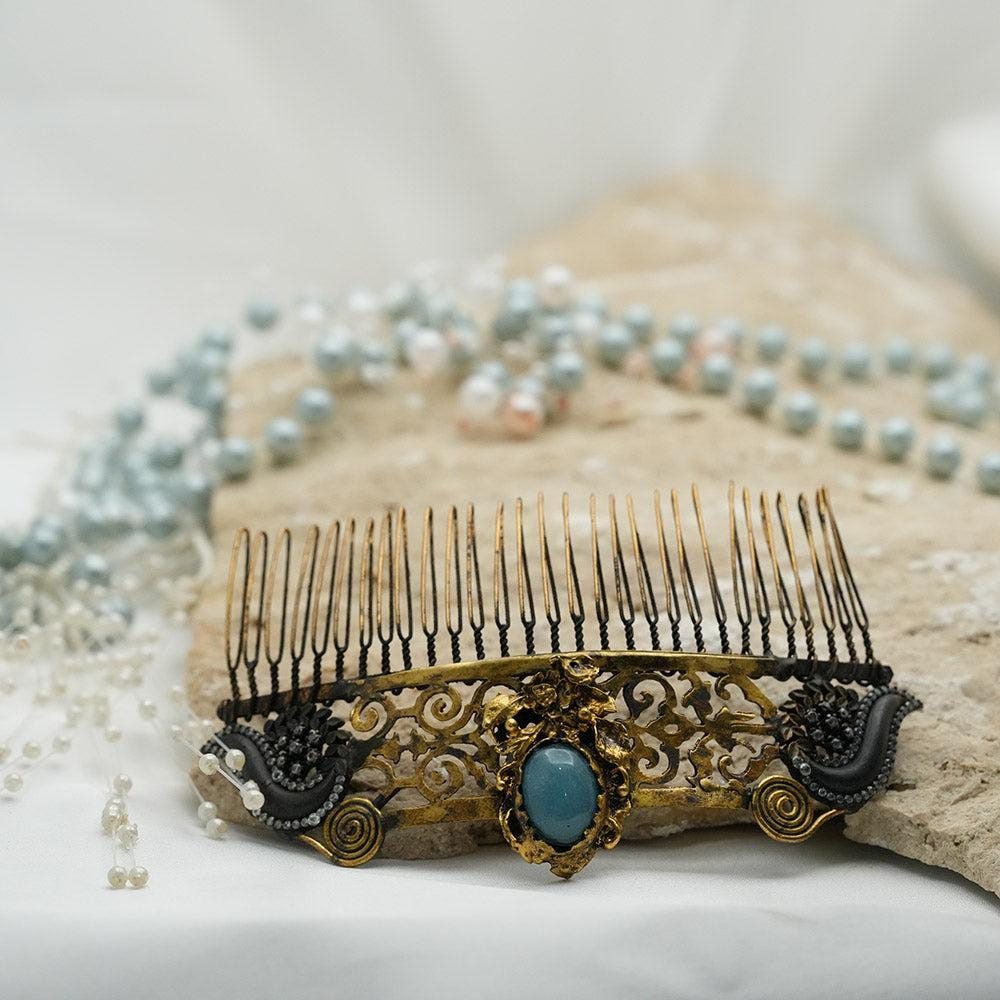 Gold Plated Hair Comb, Hand Carved Whimsical Blue Ageta Hair Comb, Handmade hair Clip For Women, Vintage style Hair Jewelry