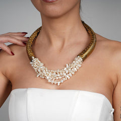 Handmade Pearl Necklace, White Pearl Necklace, Gemstone Pearl, Hammered Torque Multi Layered Pearl Choker Collana Necklace