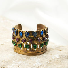 Hand Carved Cuff, Hammered Multi Color Cabochon Cut Zircon Cuff Bracelet Jewellery