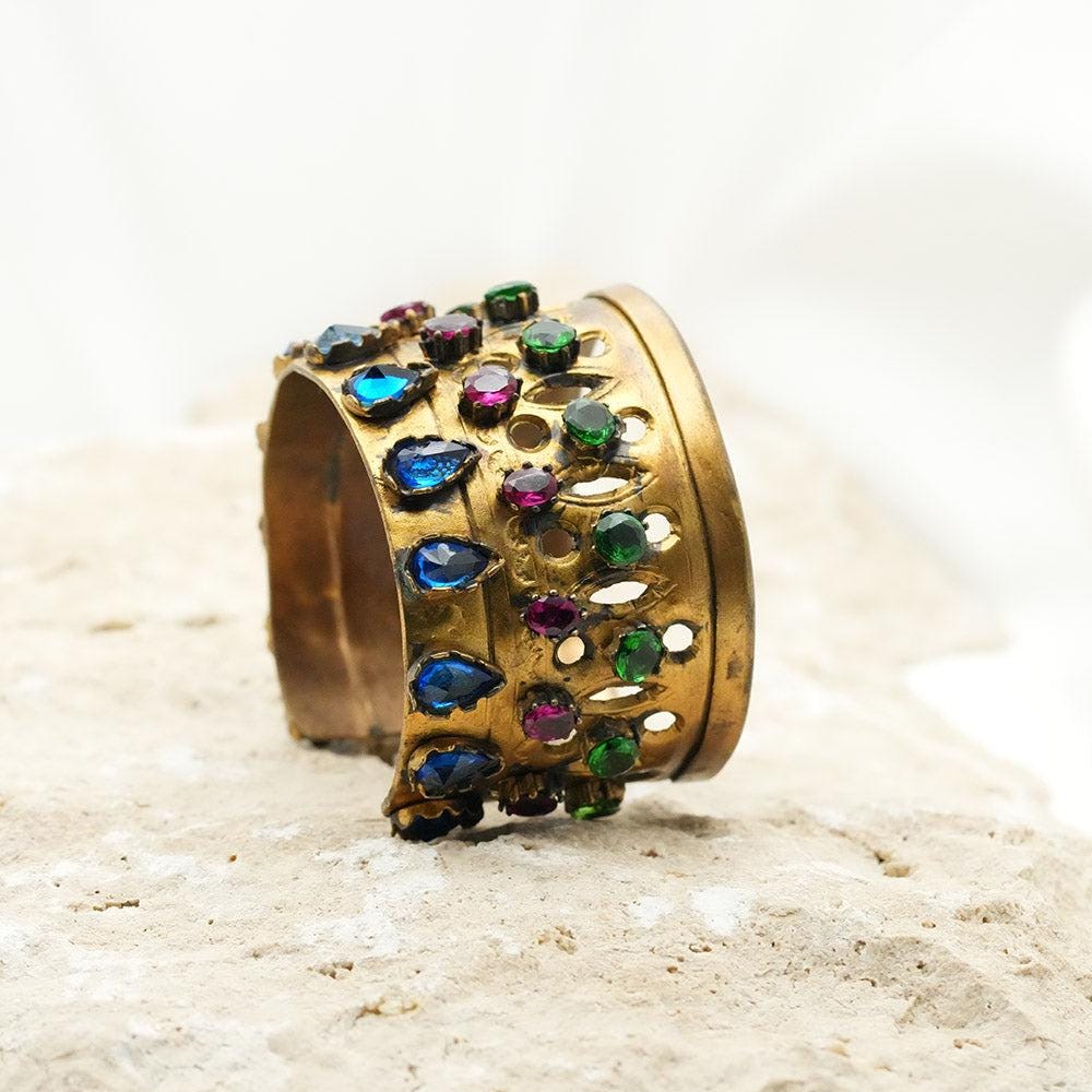 Hand Carved Cuff, Hammered Multi Color Cabochon Cut Zircon Cuff Bracelet Jewellery