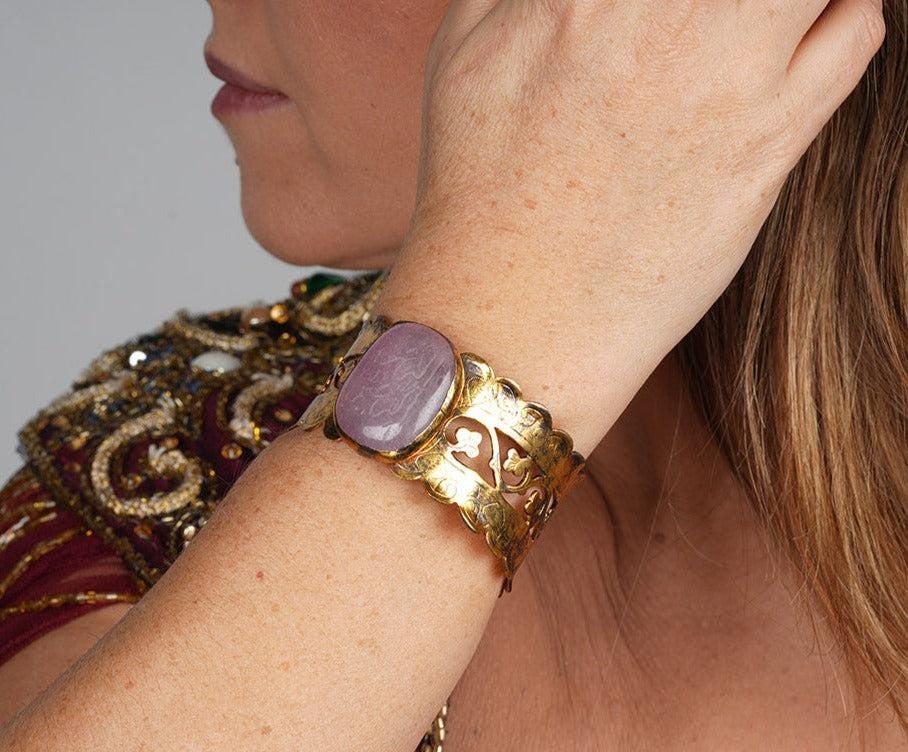 Handmade Cuff, Hand Carved Gold Cuff Bracelet, Engraved Polished Ageta Stone Cuff Bracelet, Bohemian Bracelet