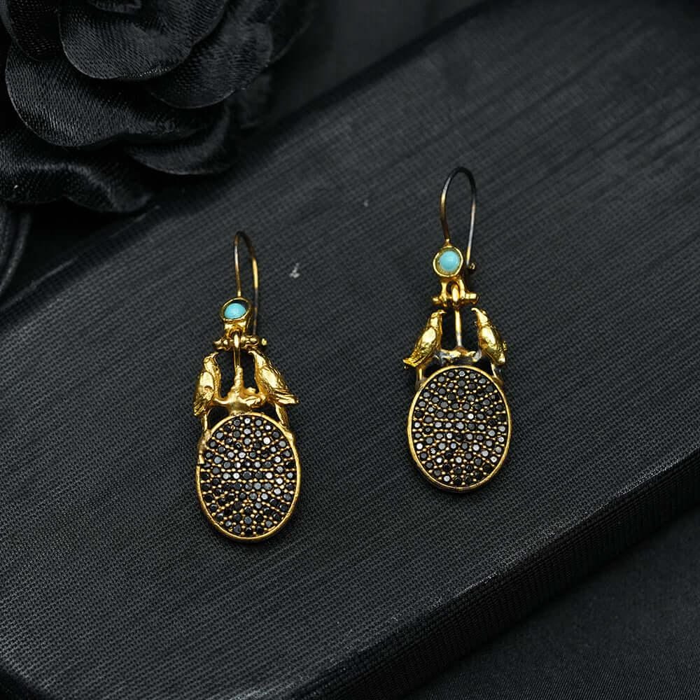 Black Earrings, Black Gemstone Earrings, Black Gold Earrings, Drop Earrings, Black Zircon Drop Earrings, Handmade Earrings, Gift For Her