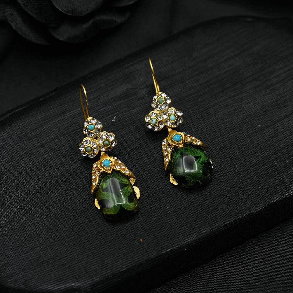 Green Earrings, Green Stone Earrings, Fancy Emerald Gemstone Statement Ottoman Tear Drop Earrings
