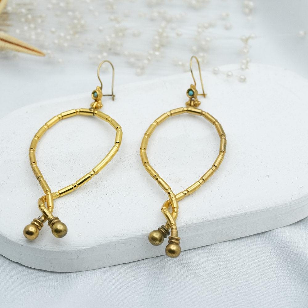 Dangling Gold Earrings , Hand Carved Dangling Gold Earrings With Turquoise Stone, Handmade Earrings