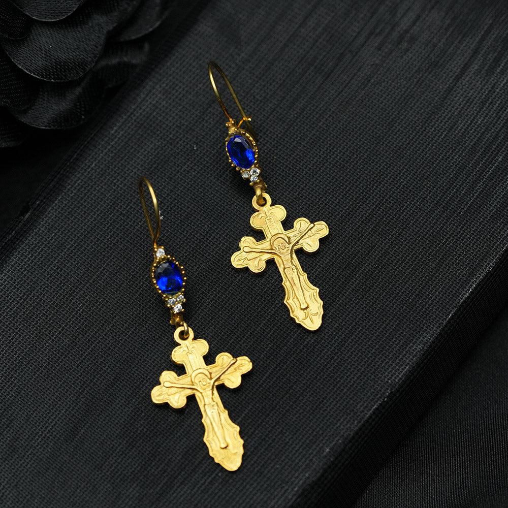 Large Cross Earrings, Handmade Christ Cross Yellow Gold Dangle Earrings, Big Statement Earrings, Jesus Christian jewelry For Women