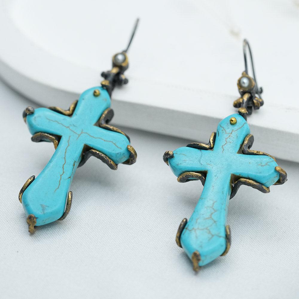 Cross earrigns, Cross Earrings Big, Gemstone Cross Earrings, Unique Large Blue Turquoise Gemstone Cross Earrings,  Dangle Cross Earrings