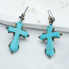 Cross earrigns, Cross Earrings Big, Gemstone Cross Earrings, Unique Large Blue Turquoise Gemstone Cross Earrings,  Dangle Cross Earrings