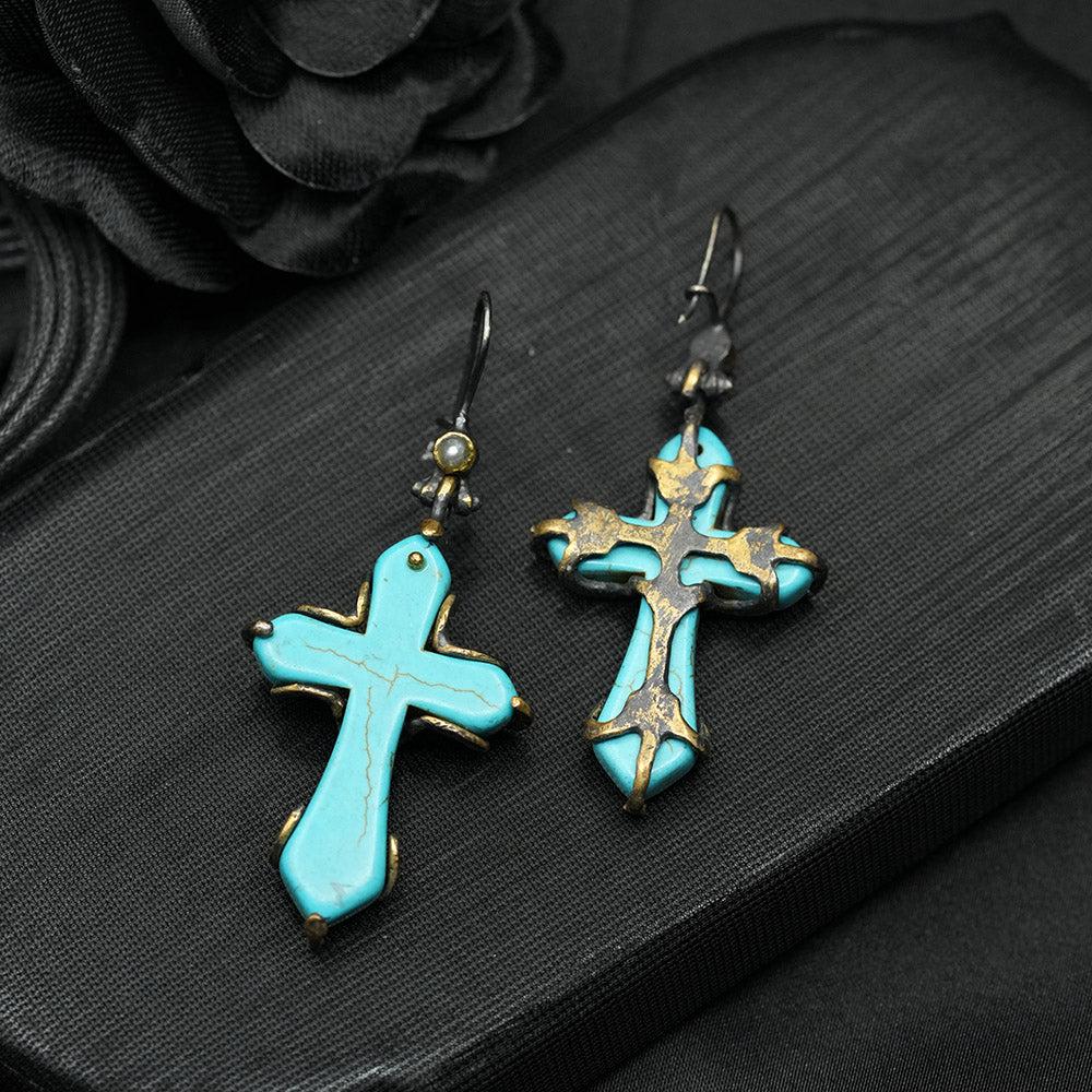 Cross earrigns, Cross Earrings Big, Gemstone Cross Earrings, Unique Large Blue Turquoise Gemstone Cross Earrings,  Dangle Cross Earrings