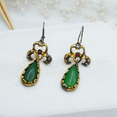 Gold Plated Earrings, Ottoman Earrings, Green Jadeite Stone Drop Earrings, Handmade Earrings,  Emerald Gemstone Earrigns, Turkish Earrigs