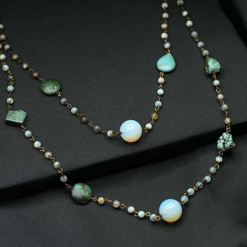 Handmade Necklace, Moonstone Necklace, Two Strand Ethnic Station Gold Chain Necklace, Long Pendant Necklace, Turkish Jewelry