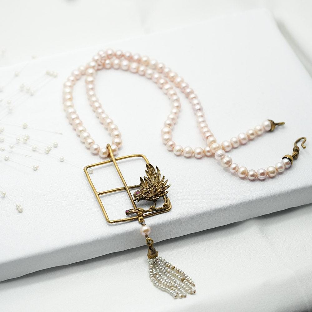Pearl Necklace, Pearl Gold Plated Necklace, Hand Crafted Natural Pearl Matinee Bird Pendant Necklace With Tassel, White Pearl necklace