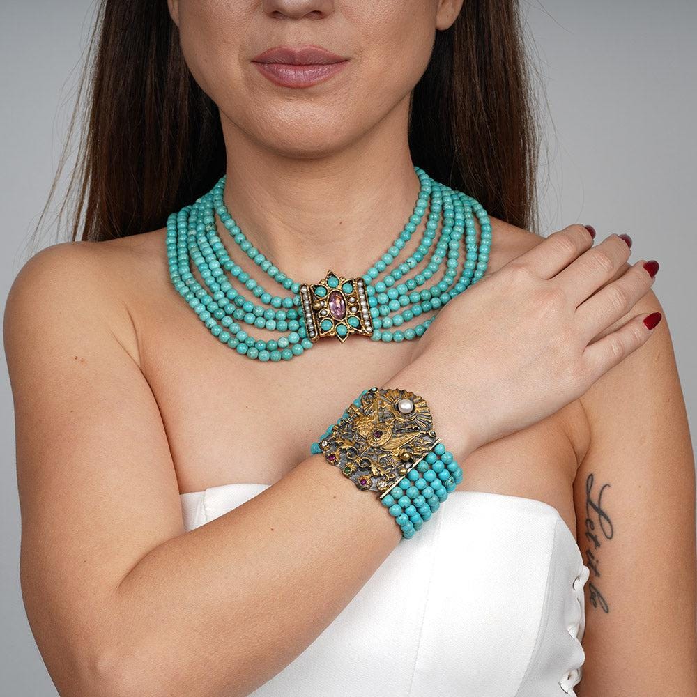 Choker Necklace, Beaded Turquoise Choker, Turquoise Necklace, Natural Turquoise Multi Layer Victorian Choker Necklace, Handmade Necklace