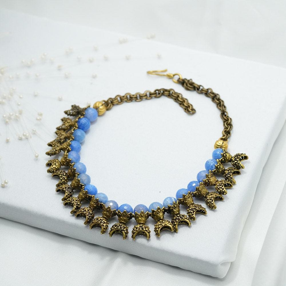 Handmade Necklace, Beaded Aquamarine Necklace, Aquamarine Choker For Women, Ottoman Style Authentic Necklace, Turkish Jewelry