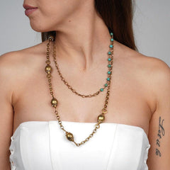 Turquoise Necklace, Turquoise Choker, Long Chain Necklace, Gold Plated Brass Necklace, Handmade Necklace, Gift Mom Birthday, Gift Girlfriend
