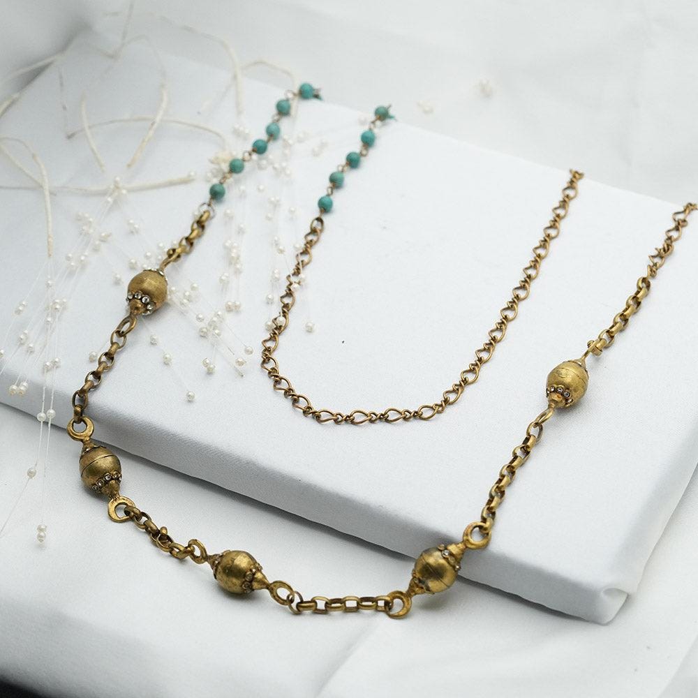 Turquoise Necklace, Turquoise Choker, Long Chain Necklace, Gold Plated Brass Necklace, Handmade Necklace, Gift Mom Birthday, Gift Girlfriend