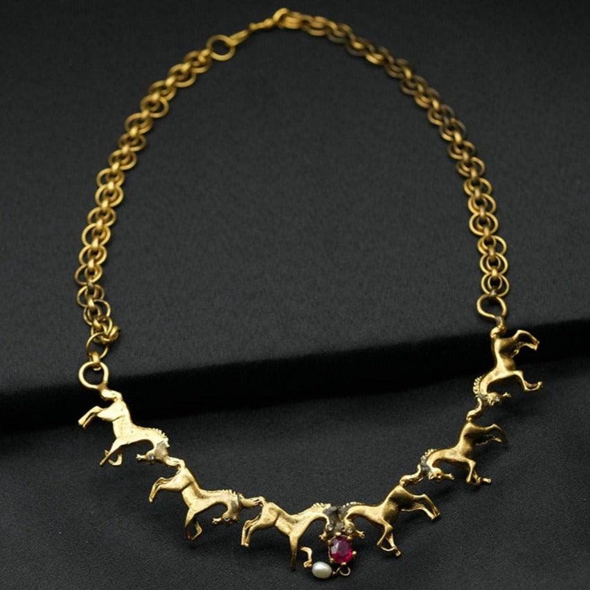 Horse Necklace, Horse Choker Necklace, Yellow Gold Handcrafted Ruby And Pearl  Dramatic Collar Necklace,choker, Gift Horse Lovers