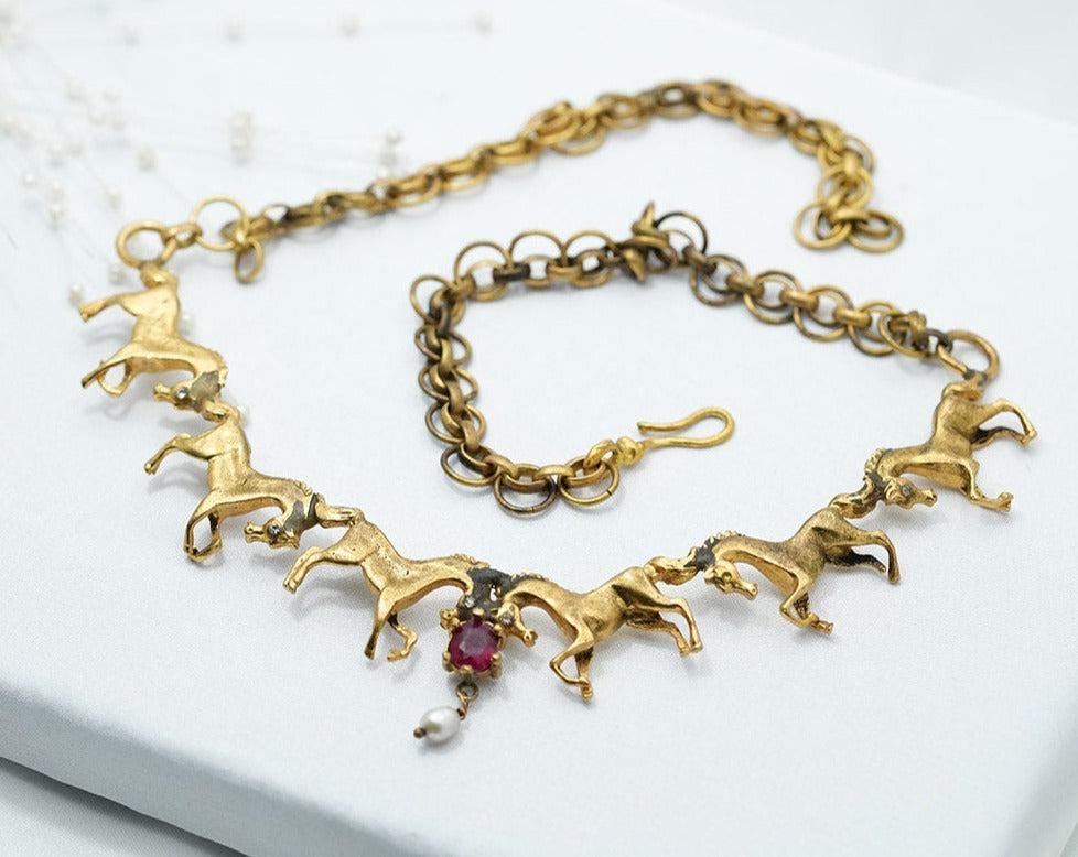 Horse Necklace, Horse Choker Necklace, Yellow Gold Handcrafted Ruby And Pearl  Dramatic Collar Necklace,choker, Gift Horse Lovers