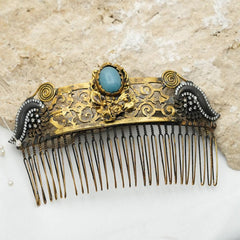 Gold Plated Hair Comb, Hand Carved Whimsical Blue Ageta Hair Comb, Handmade hair Clip For Women, Vintage style Hair Jewelry