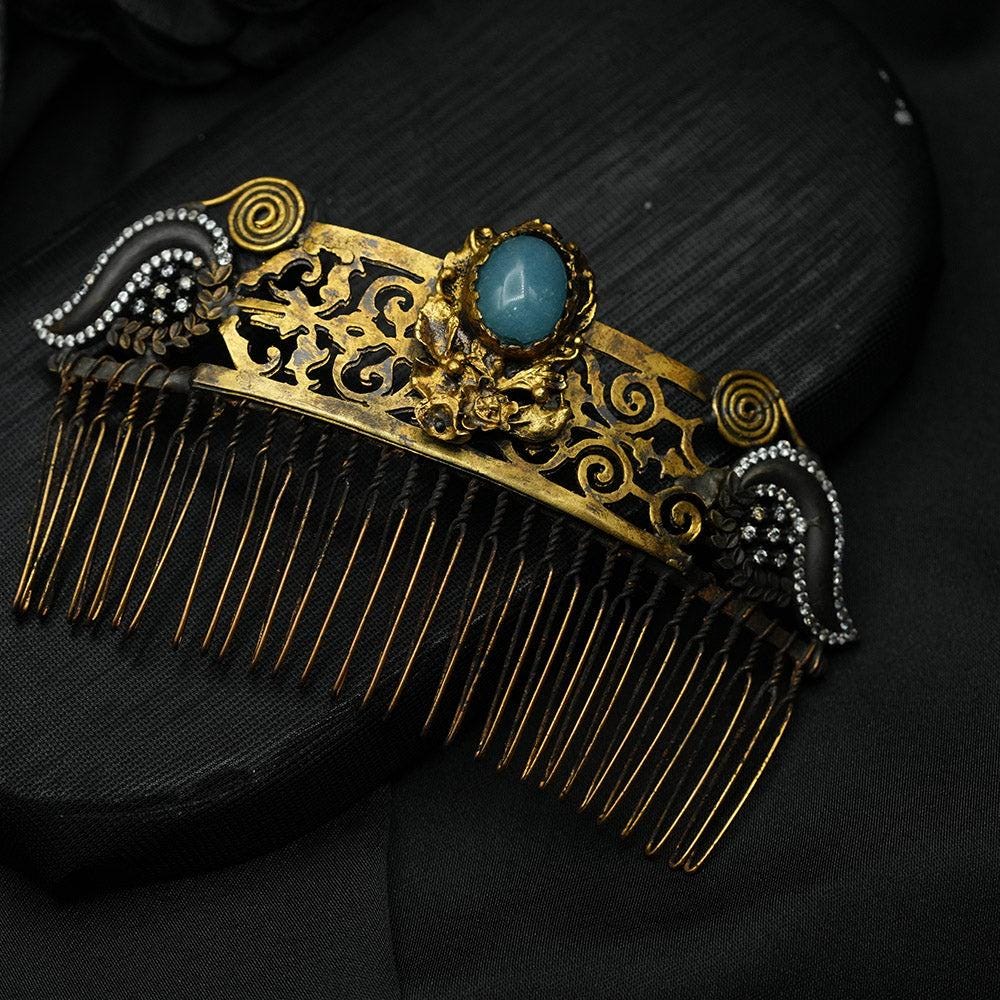 Gold Plated Hair Comb, Hand Carved Whimsical Blue Ageta Hair Comb, Handmade hair Clip For Women, Vintage style Hair Jewelry