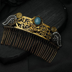 Gold Plated Hair Comb, Hand Carved Whimsical Blue Ageta Hair Comb, Handmade hair Clip For Women, Vintage style Hair Jewelry