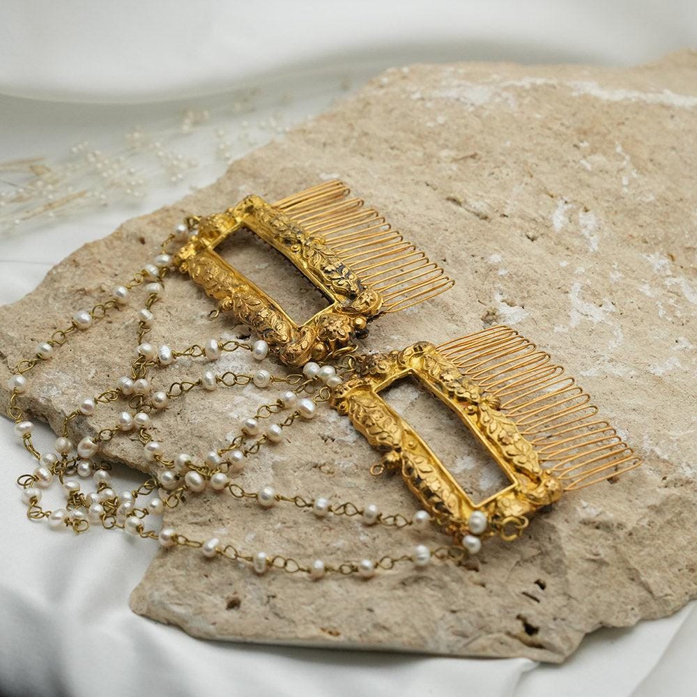 Bridal Hair Comb, Unique Helen Bridal Style Gold Bridal Hair Comb With Pearls, Gold Bridal Hair Comb, Boho Bridal Hair Comb