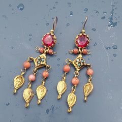 Handmade Coral Stone Earrings, Dangling Earrings, Handmade Earrings, Gold Earrings, Designer Red Coral Chandelier Ottoman Women Earrings