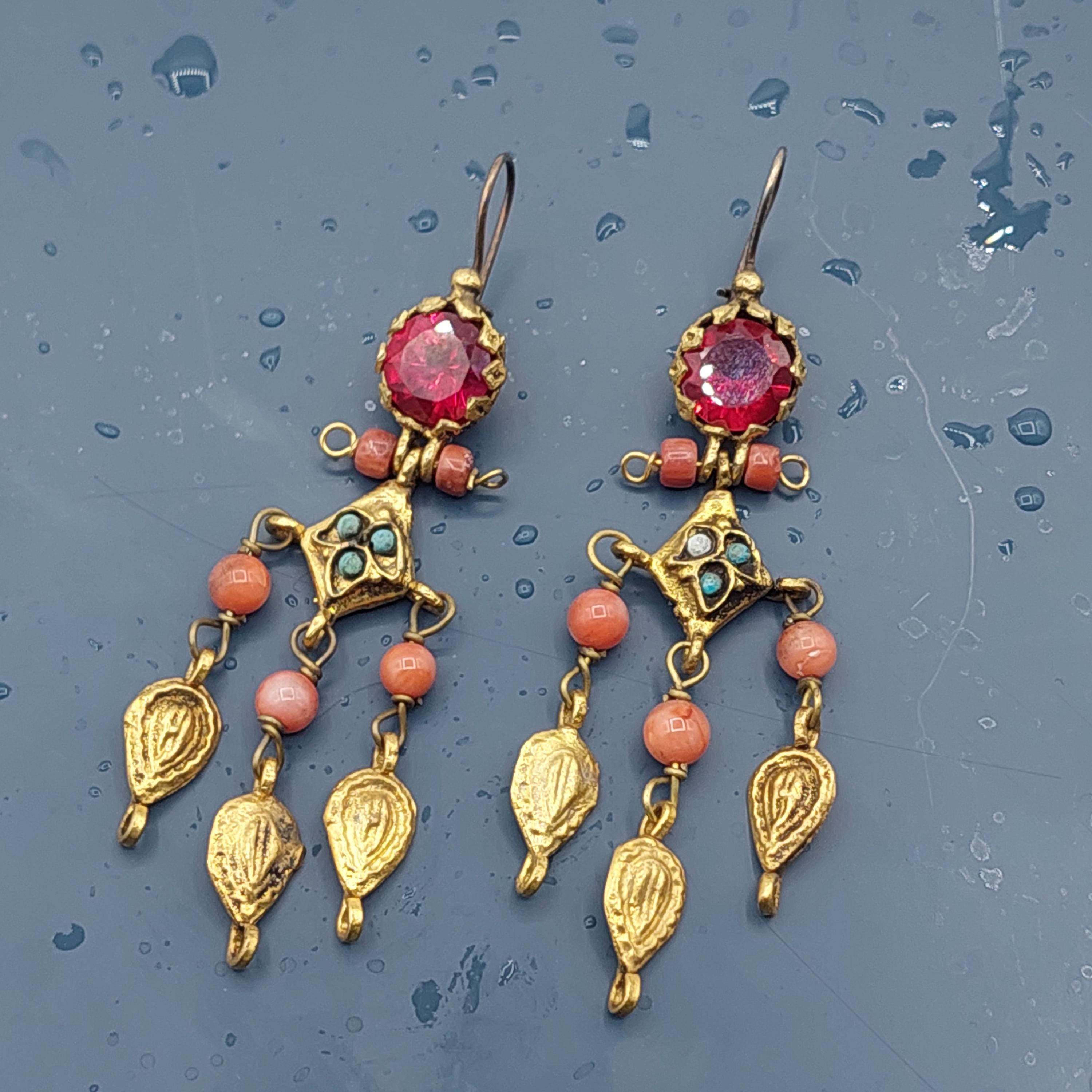 Handmade Coral Stone Earrings, Dangling Earrings, Handmade Earrings, Gold Earrings, Designer Red Coral Chandelier Ottoman Women Earrings