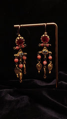 Handmade Coral Stone Earrings, Dangling Earrings, Handmade Earrings, Gold Earrings, Designer Red Coral Chandelier Ottoman Women Earrings