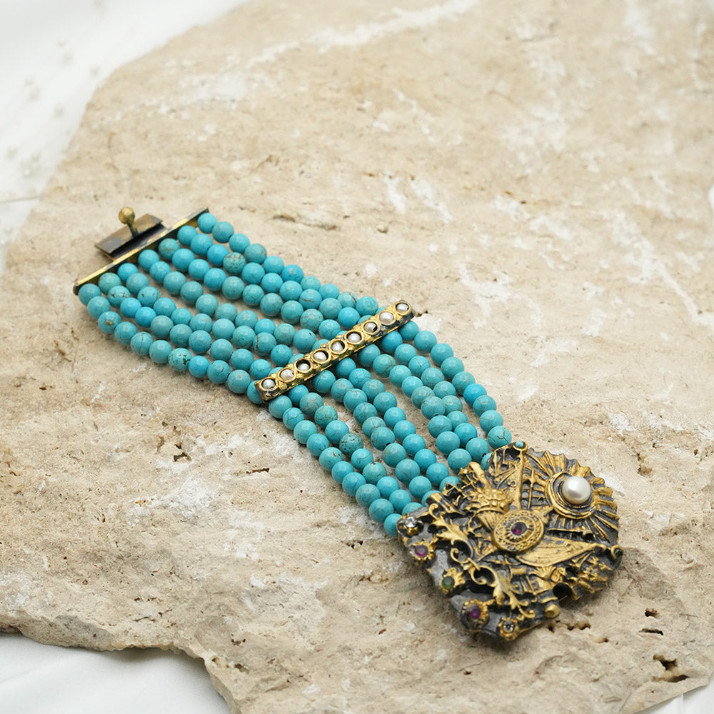 Unique Design Hand Carved Cuff Bracelet With Turquoise Stones